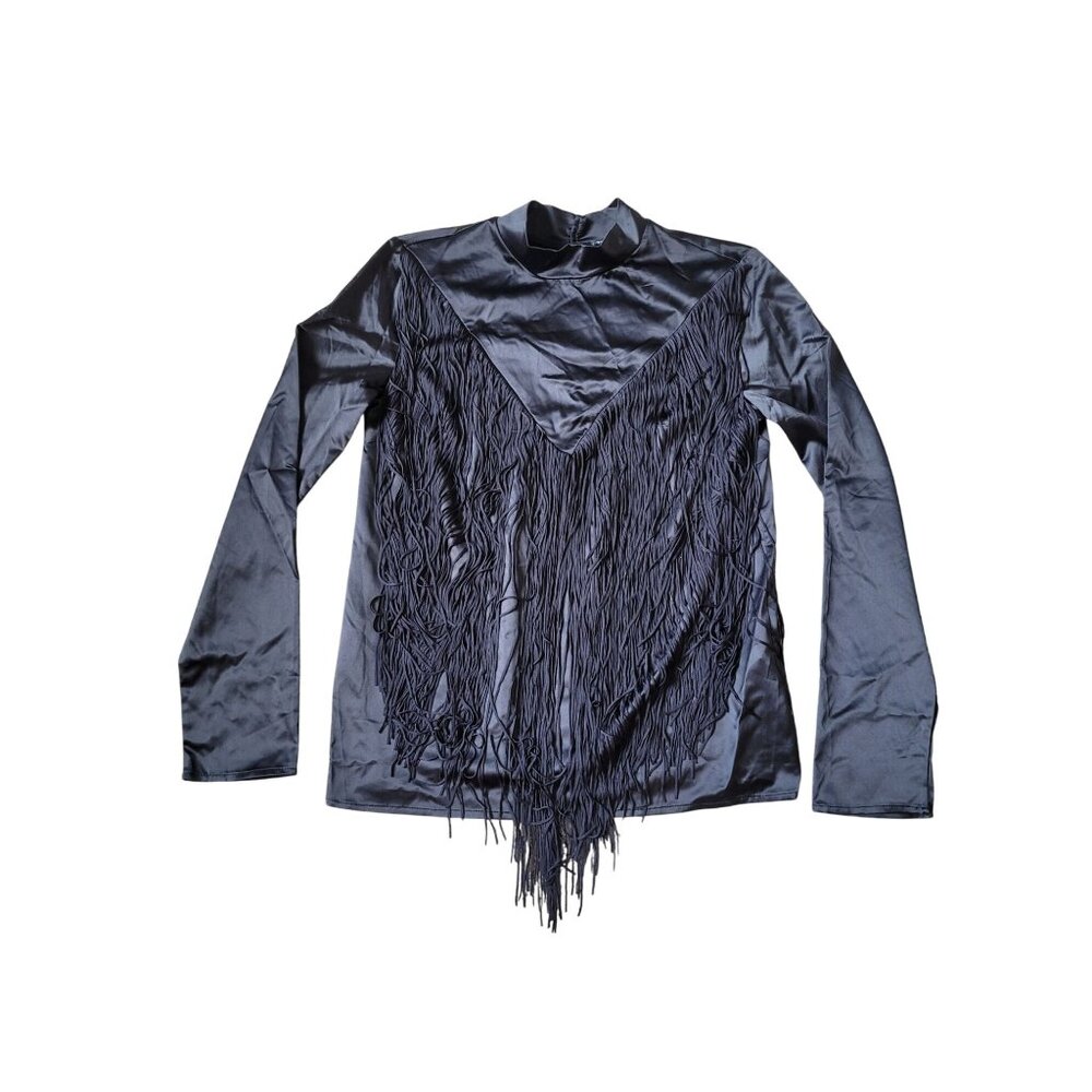 NWT ZARA Women's Black Fringe Size S Black Western Blouse Rodeo Satin Cowgirl